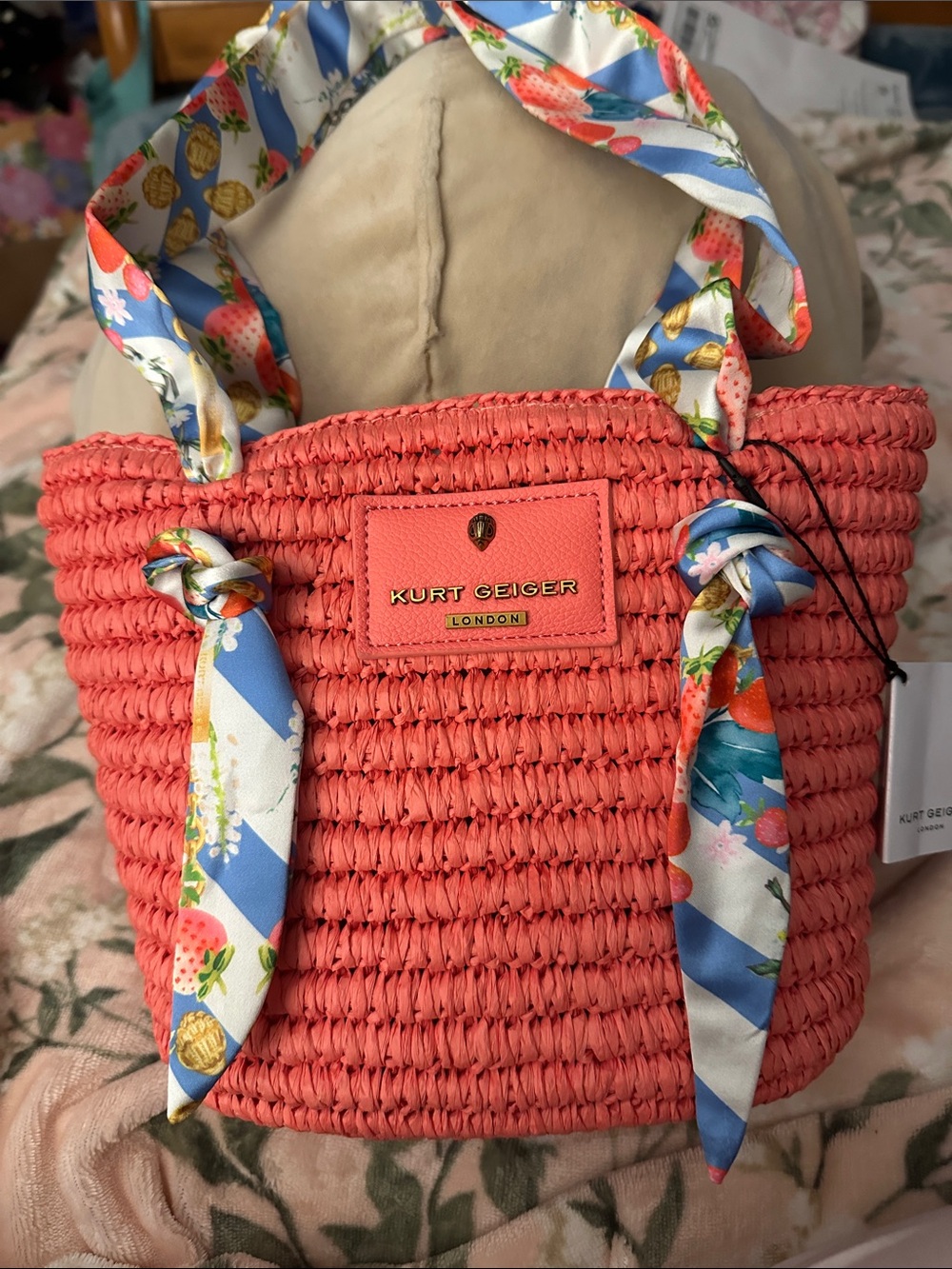 Kurt Geiger Coral Woven Tote with Blue Floral Scarf Handles NWT